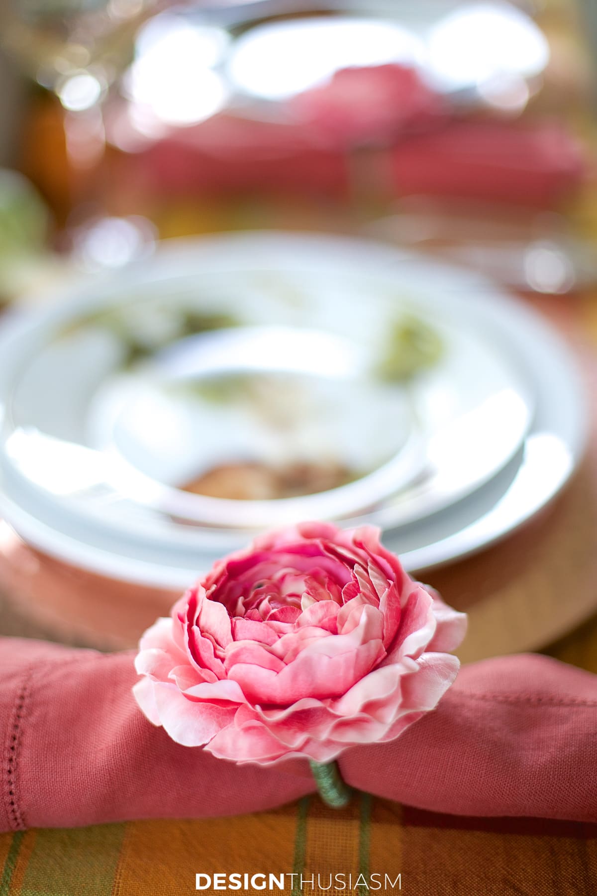 pink flower napkin rings in a fall tablescape