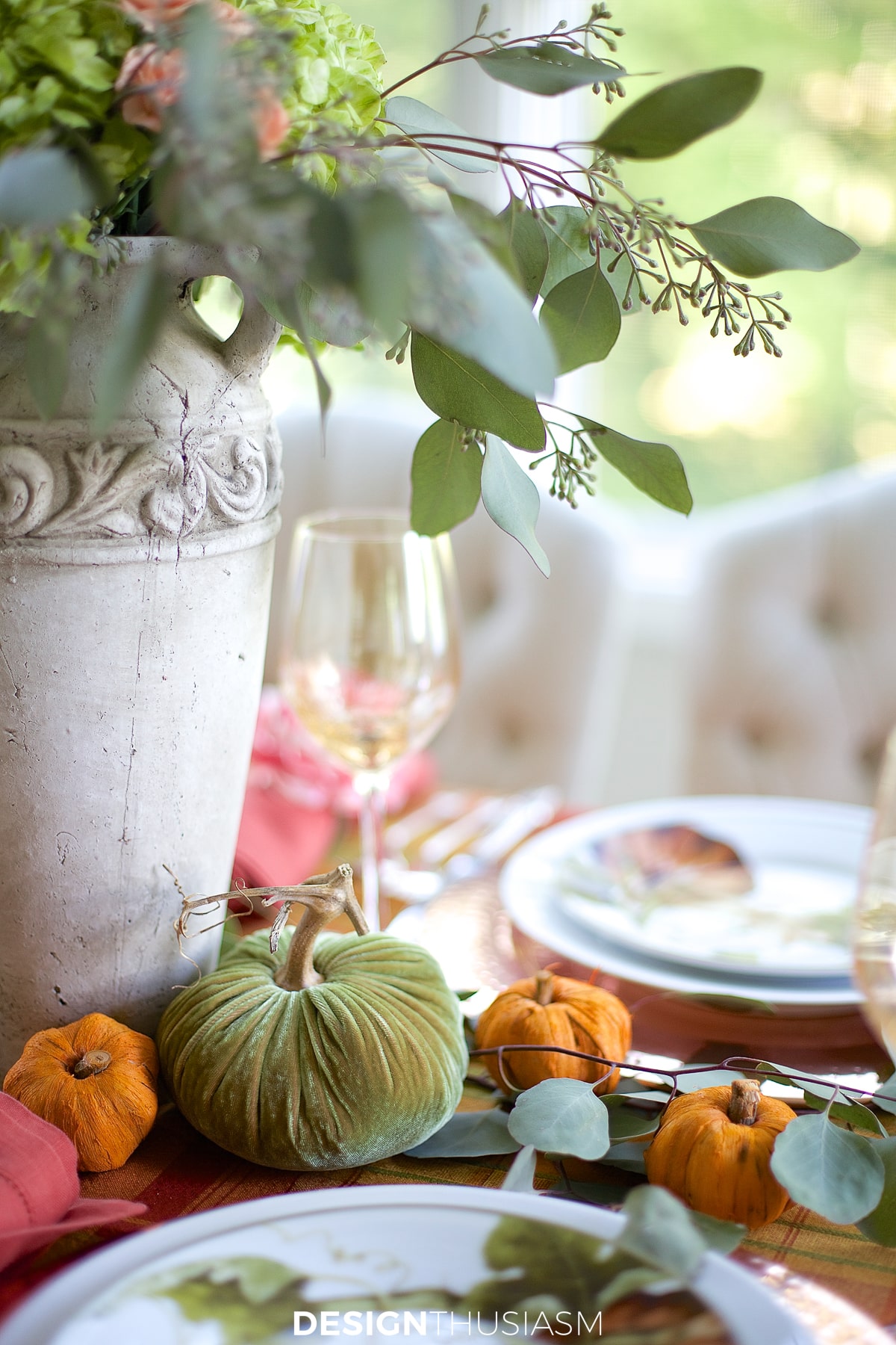 velvet pumpkins in a fall tablescape