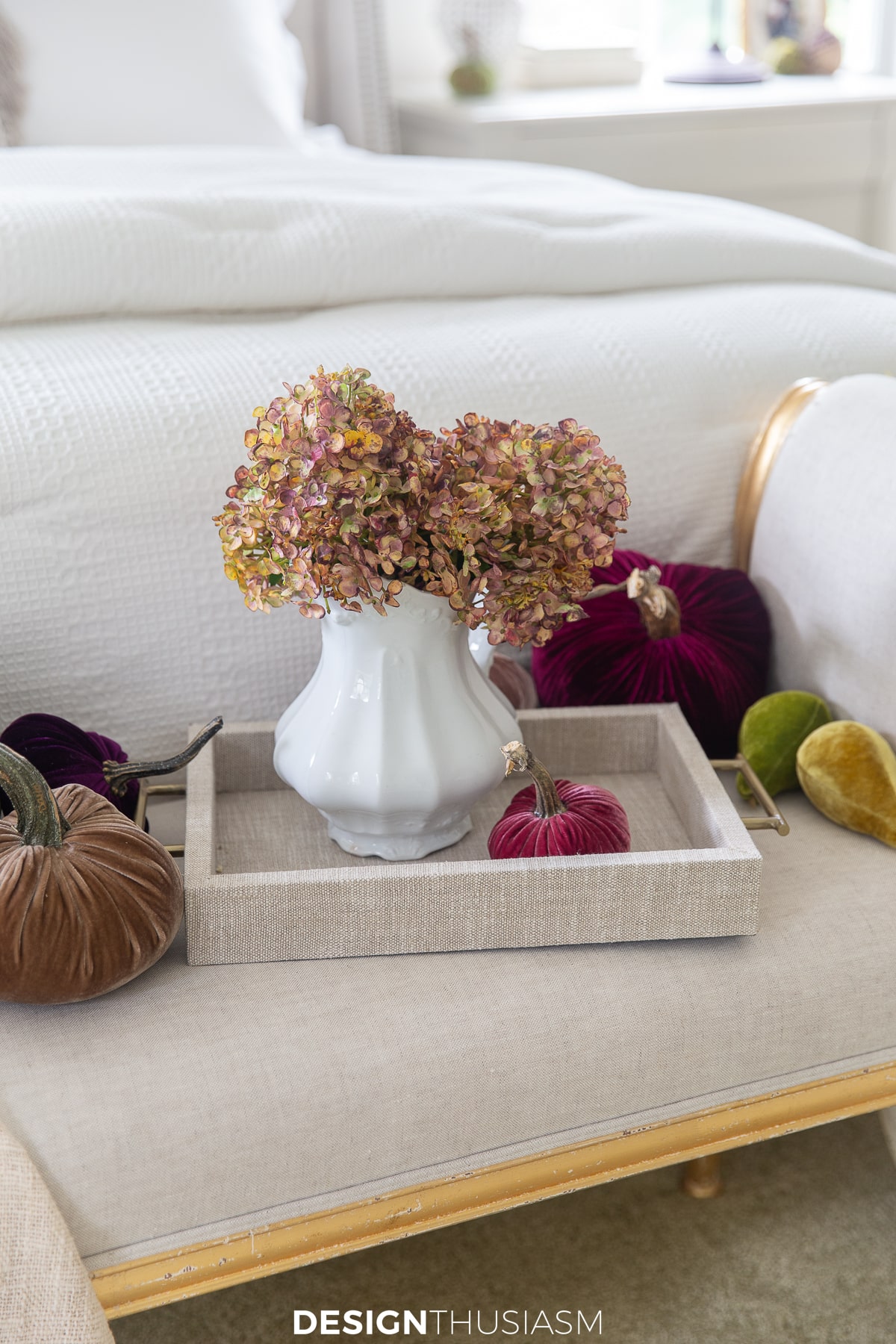 fall bedroom decor | velvet pumpkins on the bedroom bench