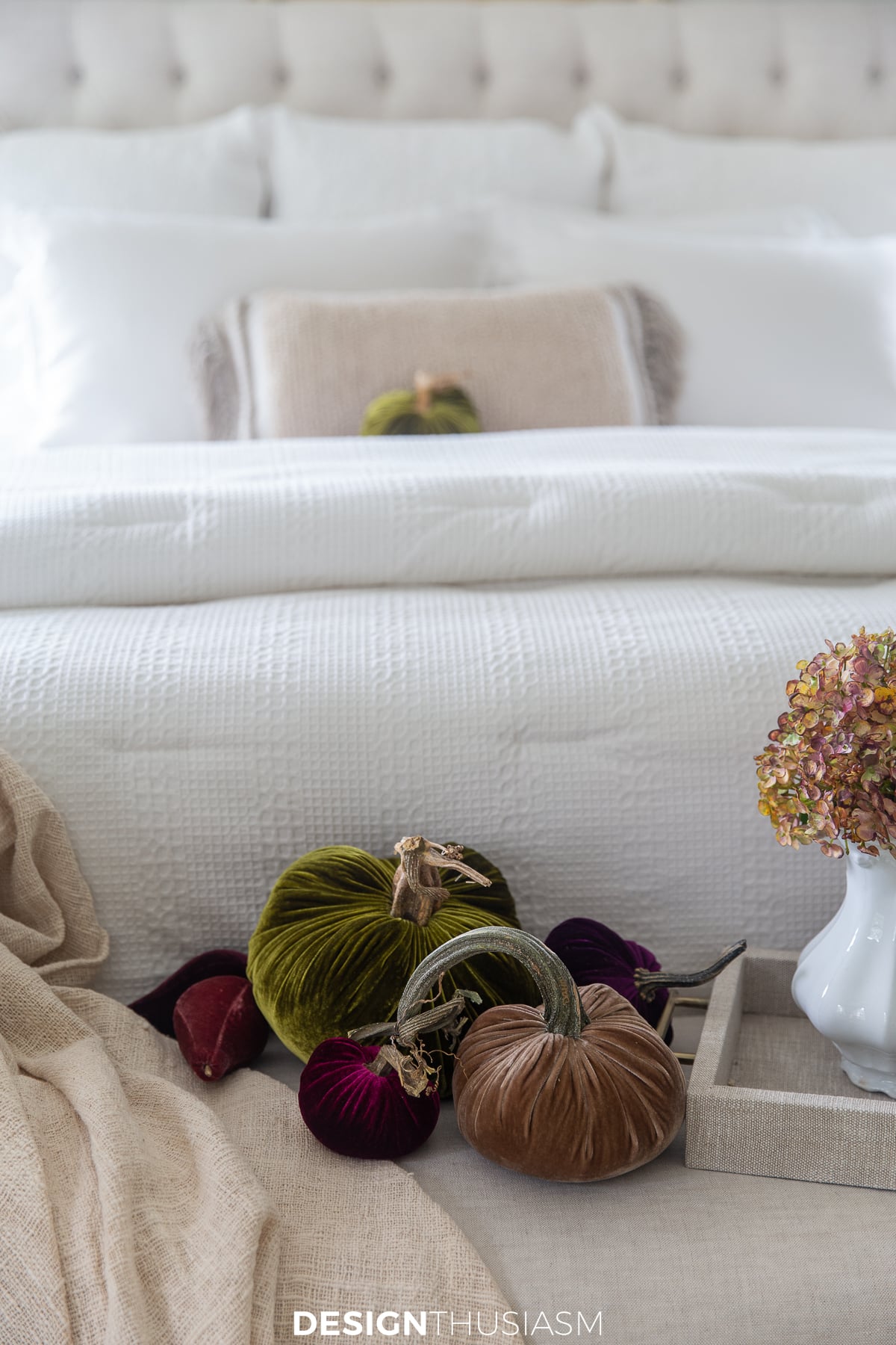 fall bedroom decor | velvet pumpkins in rich colors