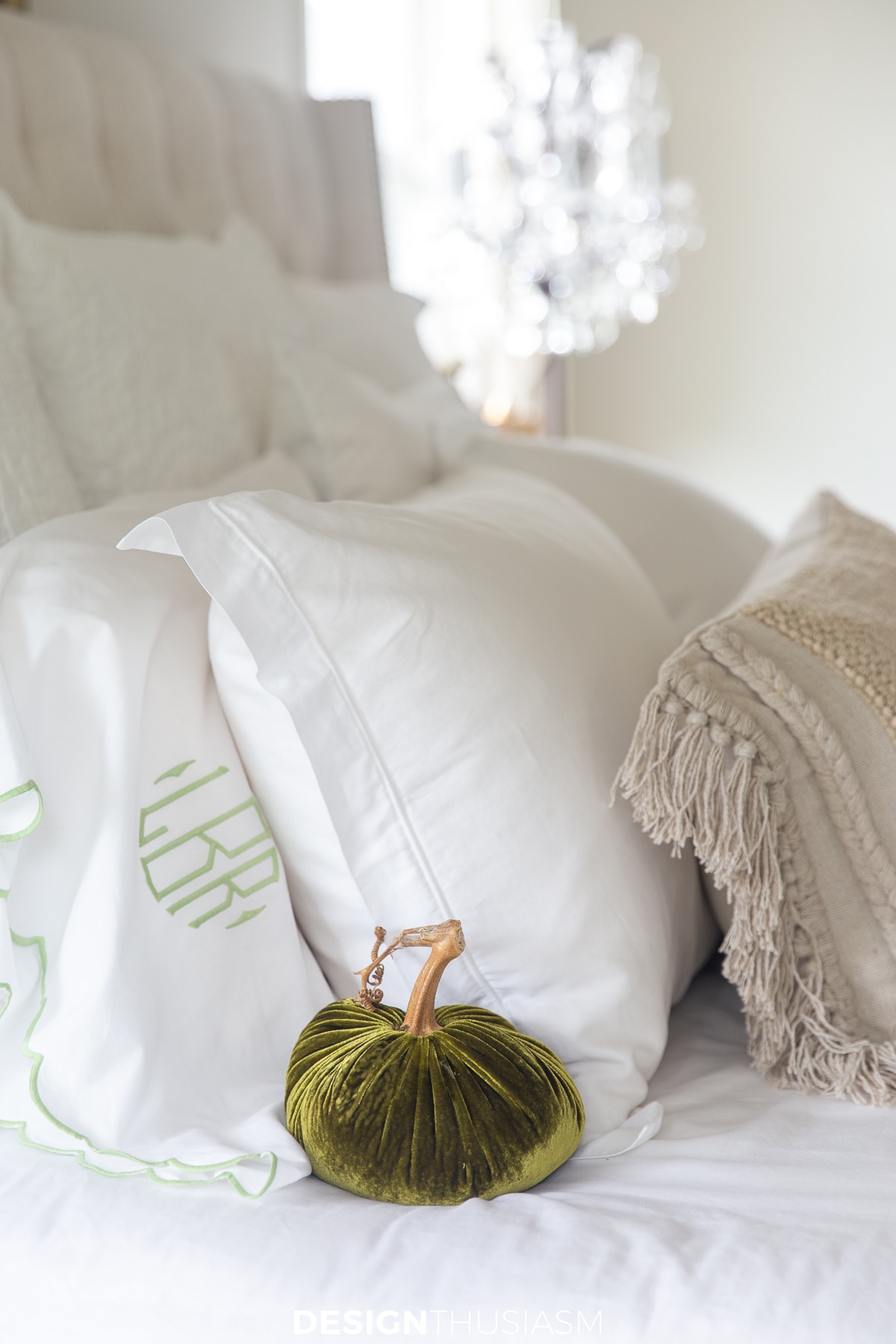 fall bedroom decor | green pumpkin playing off green monogram pillowcase