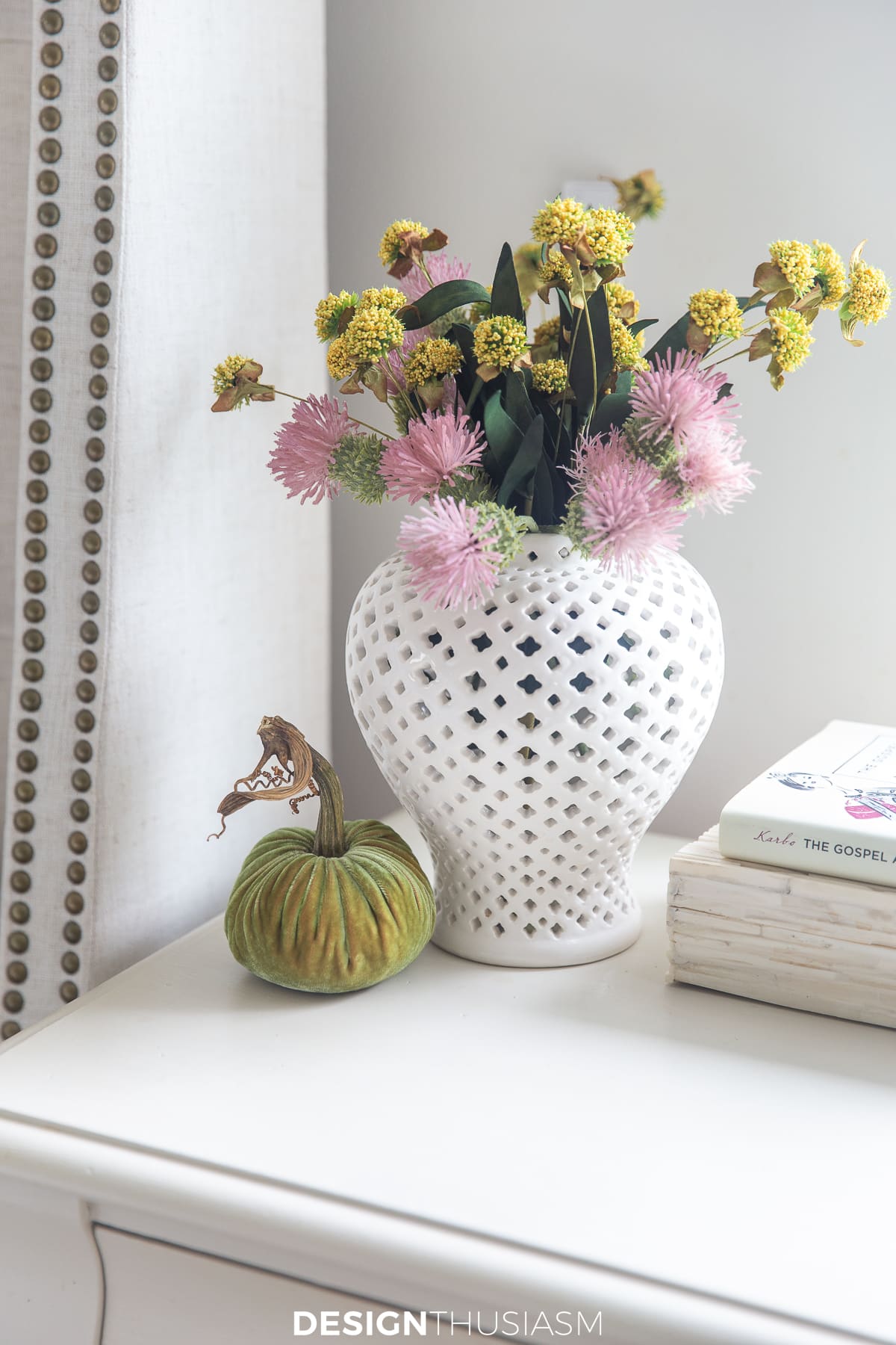 fall bedroom decor | fall floral in pierced vase with velvet pumpkin