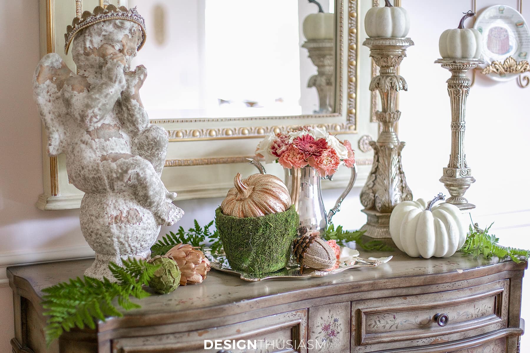 autumn decorations in a fall vignette