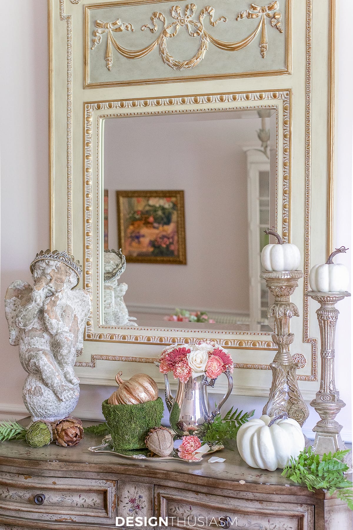 fall vignette on the sideboard