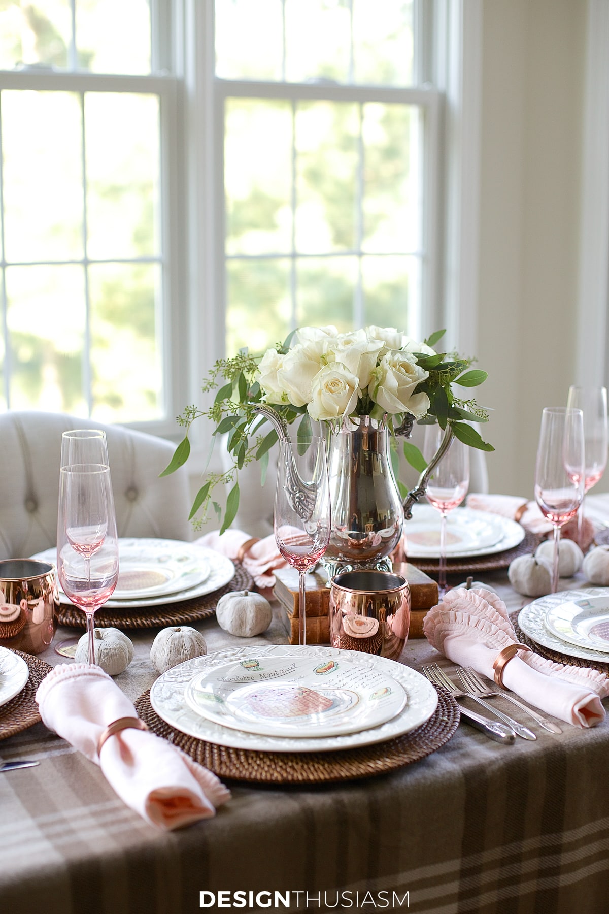 neutral fall tablescape in blush pink and brown