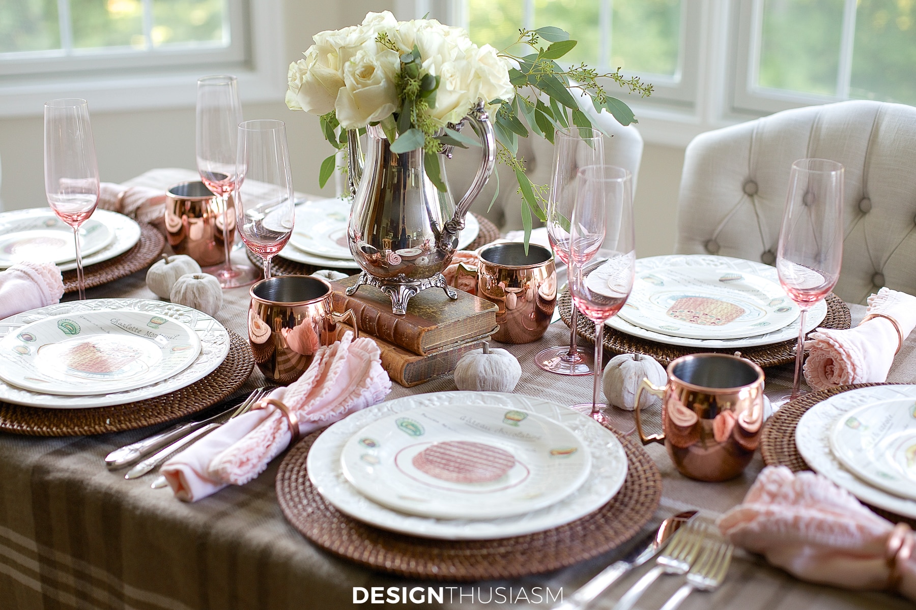 neutral fall tablescape with rattan chargers