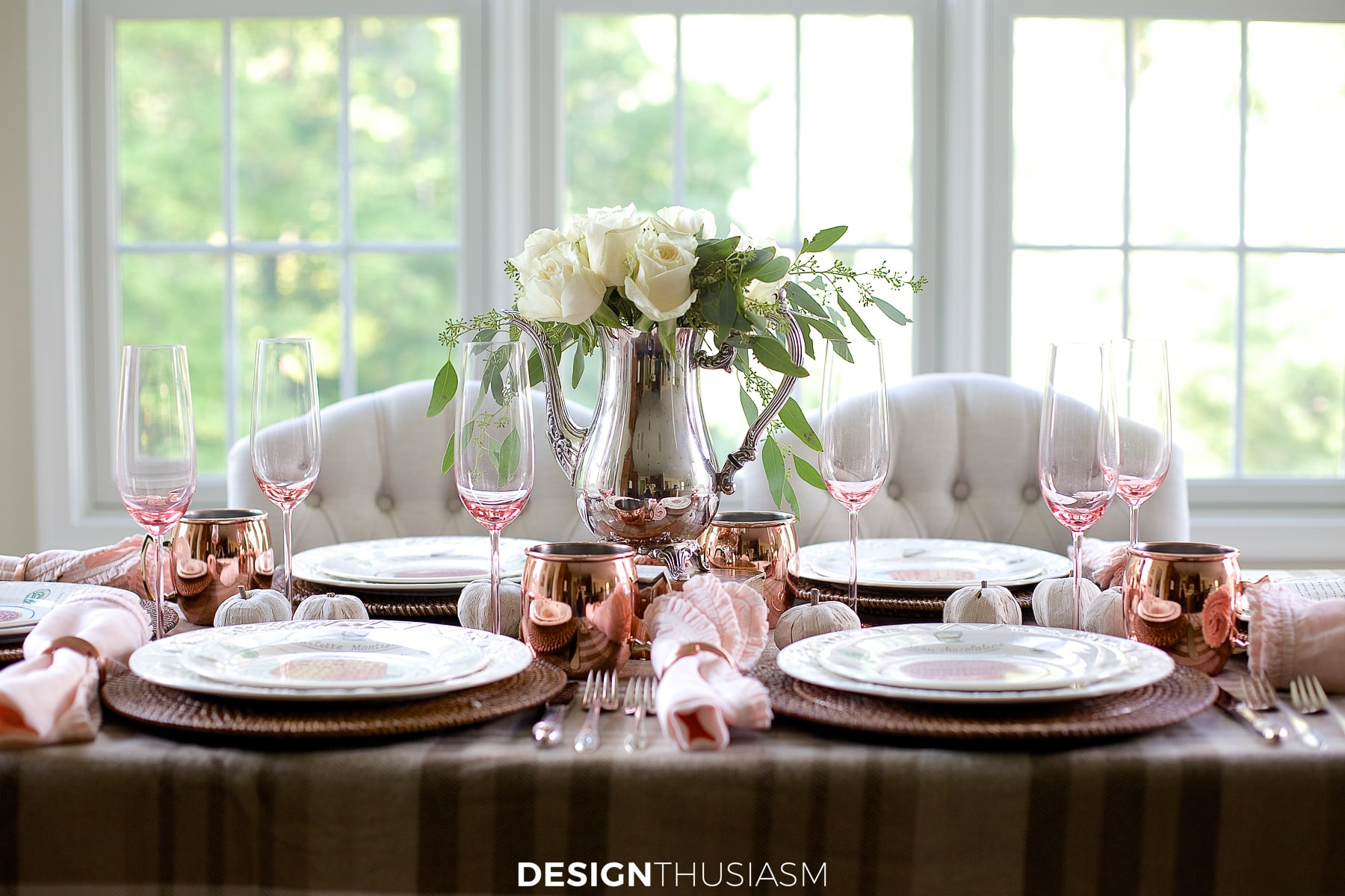 neutral fall tablescape in pink and brown