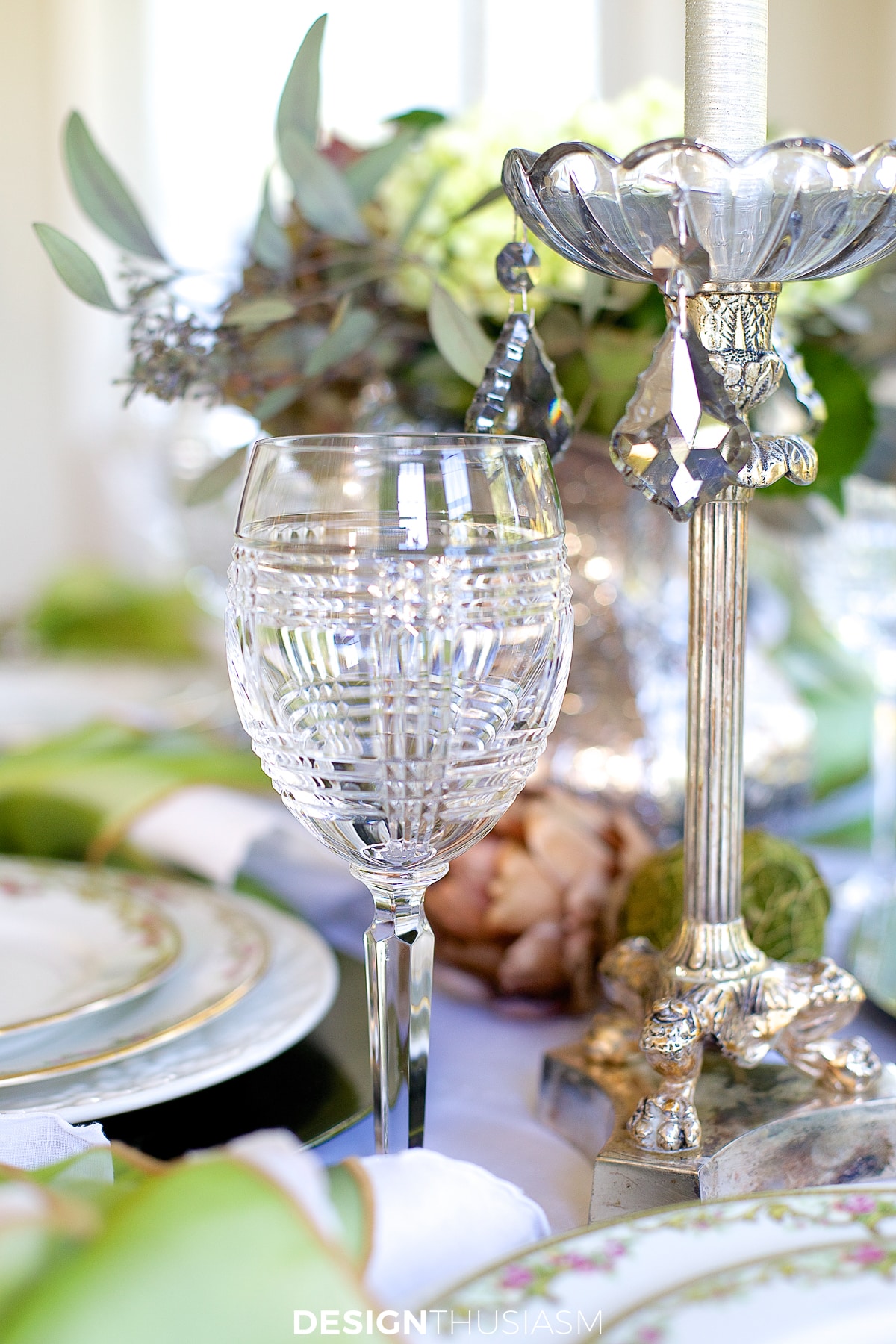 crystal wine goblet on casual formal mix table