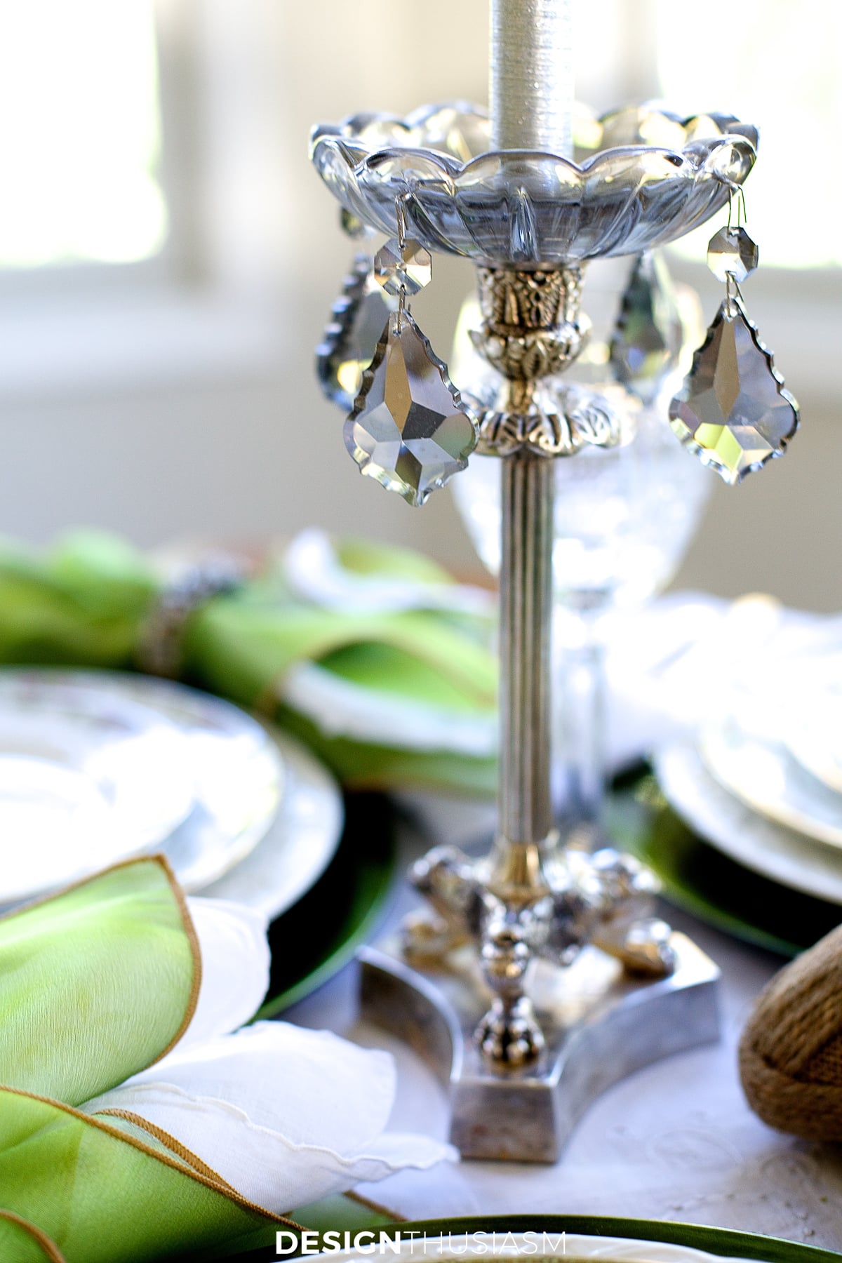 silver candlestick with crystal drop bobeche