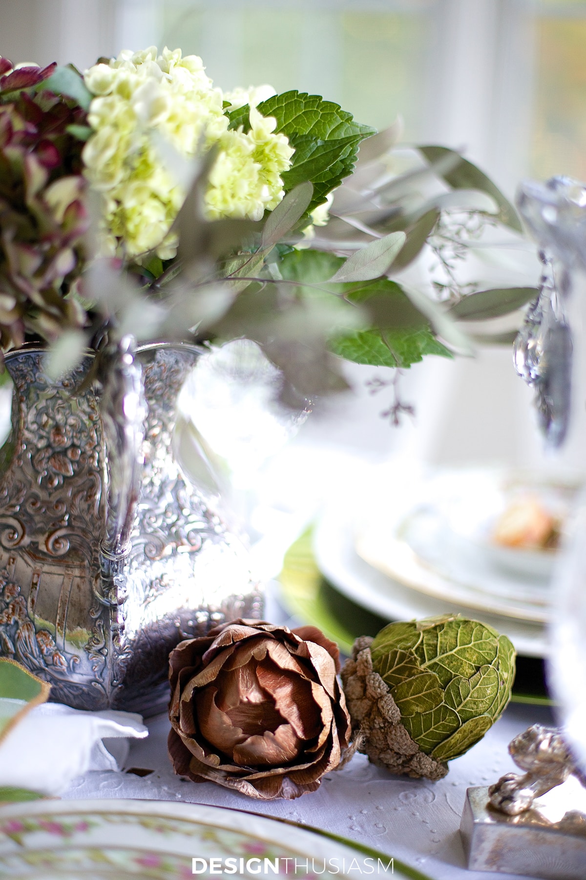 faux acorn and artichoke on casual formal mix table