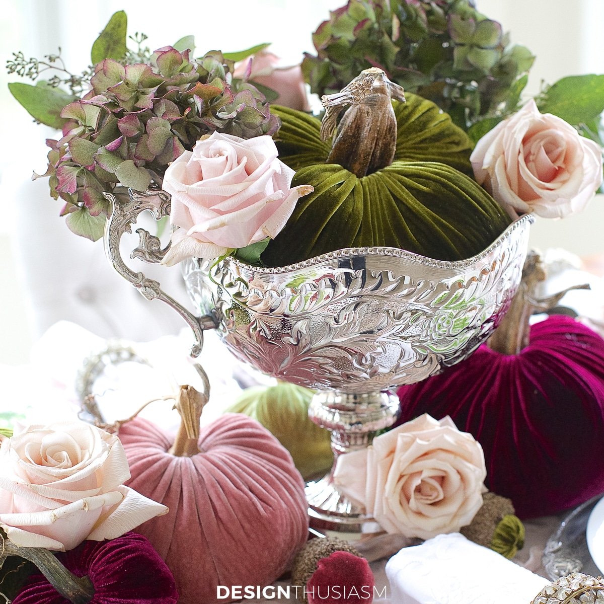Velvet pumpkin table centerpiece