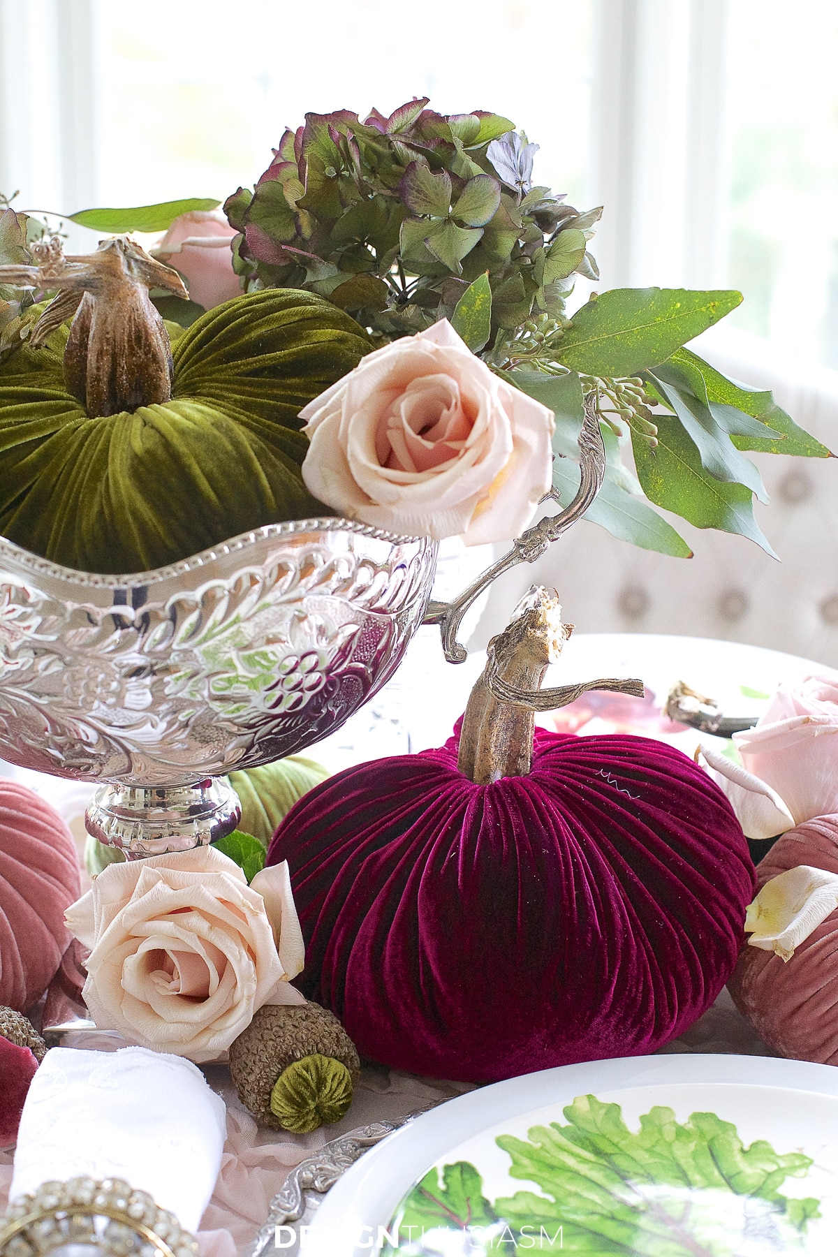 Velvet pumpkin table centerpiece