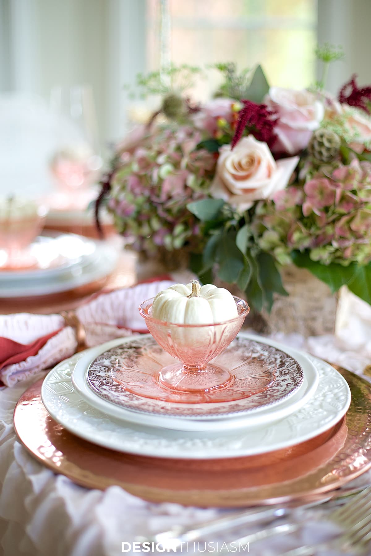 Copper Thanksgiving table depression glass cups