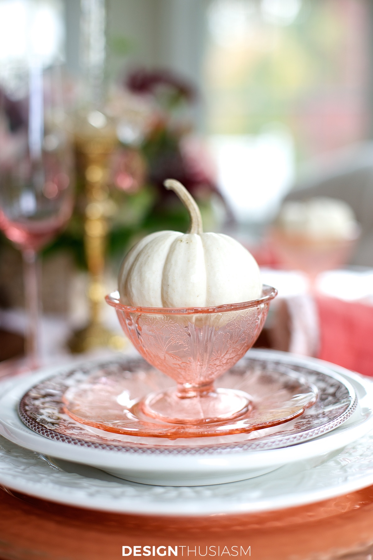 Copper Thanksgiving table pumpkins in cups