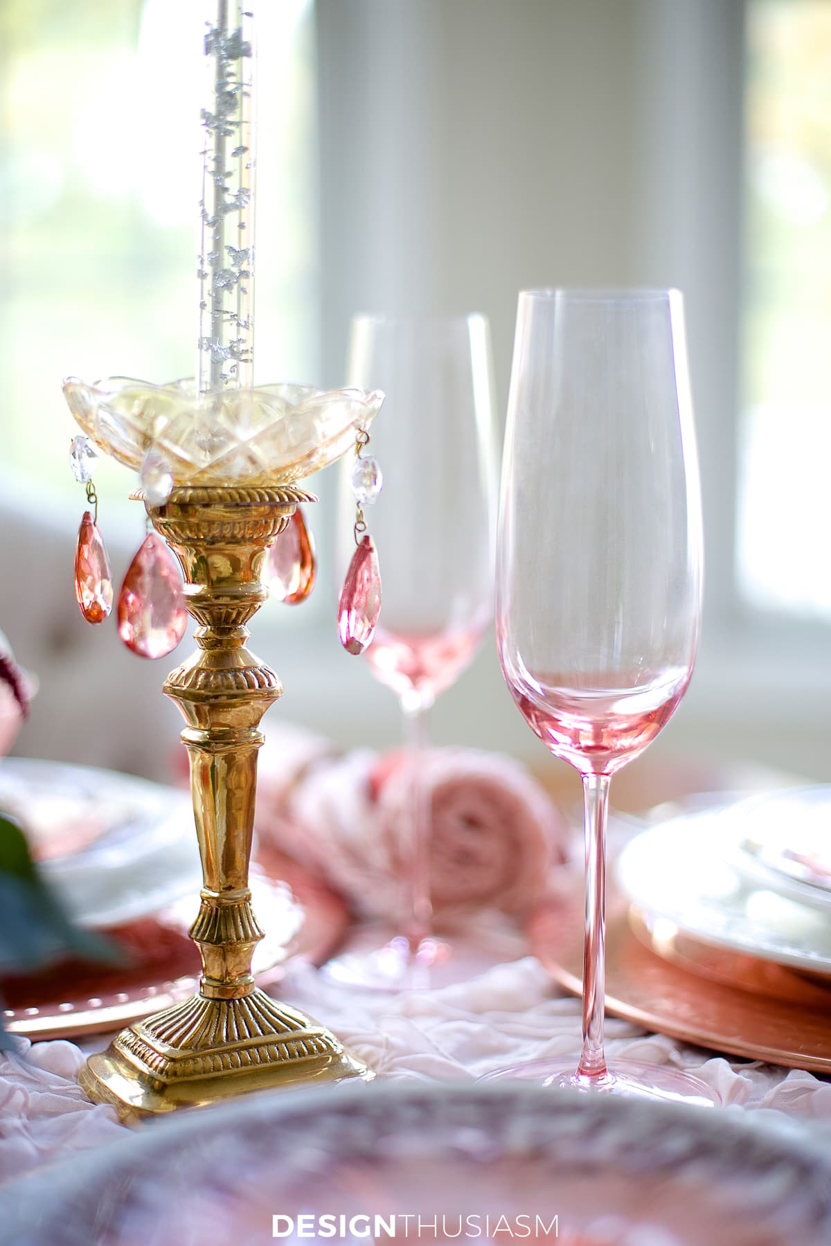 Copper Thanksgiving table pink champagne flutes