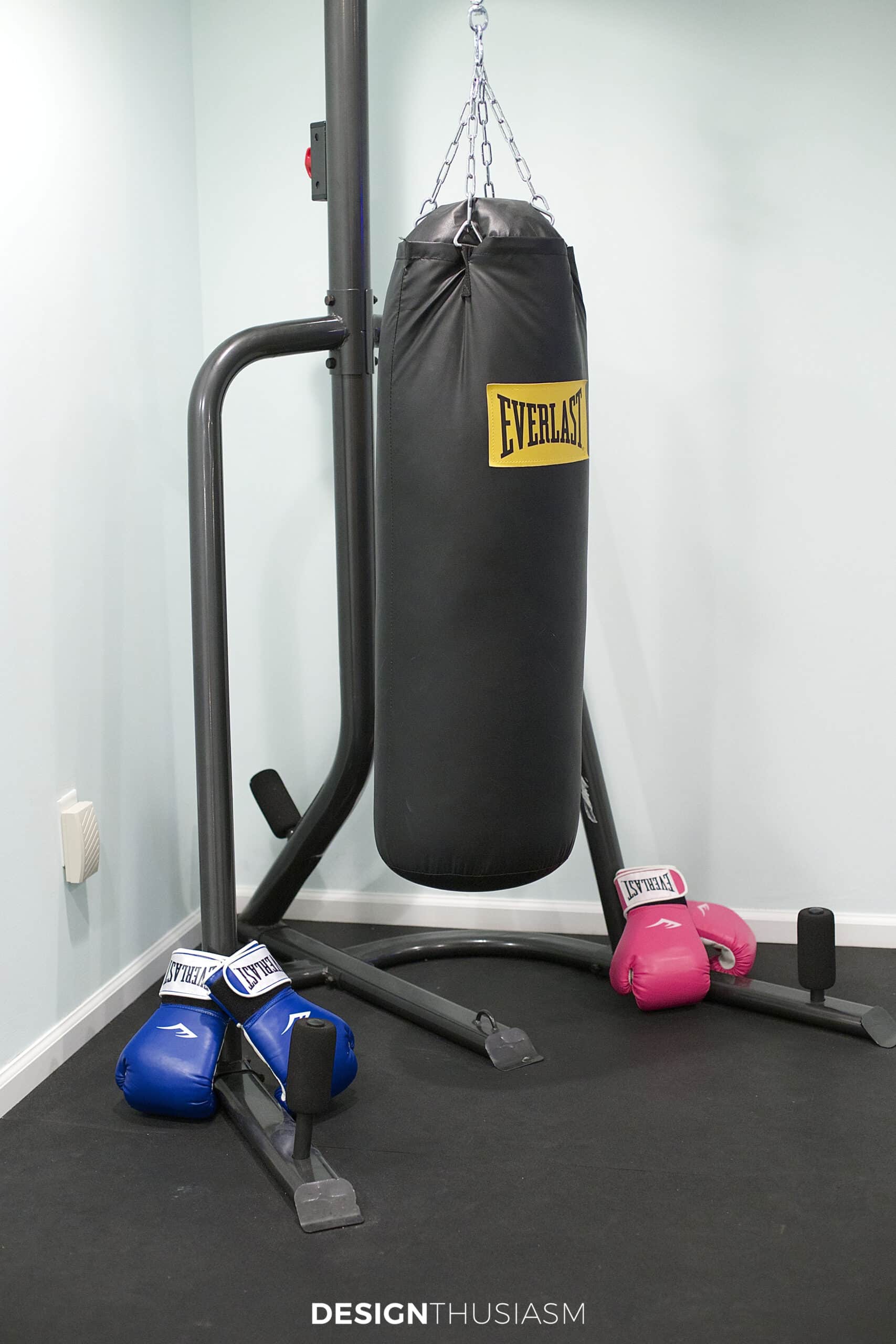 Home gym rubber floor and punching bag