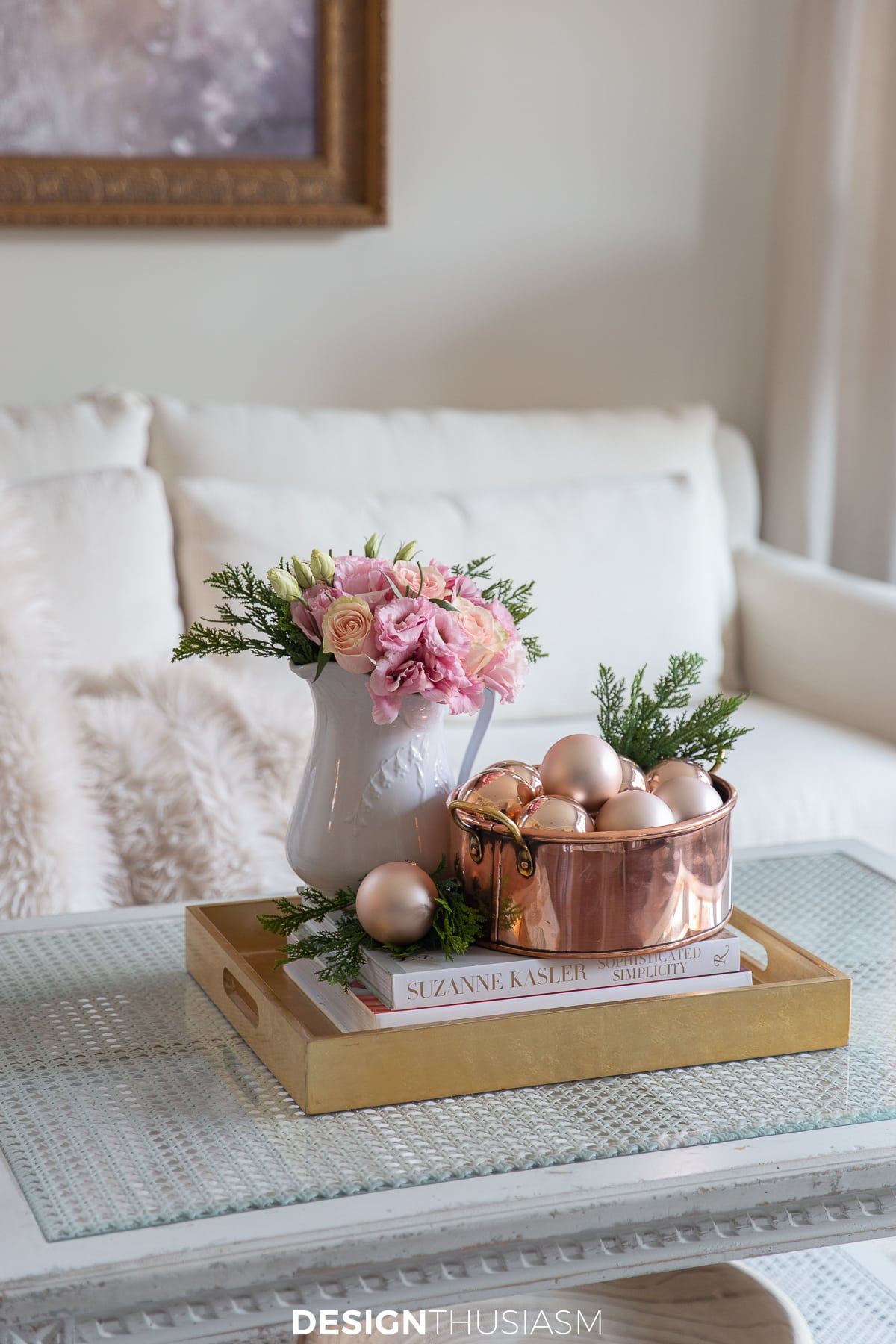 Rose gold Christmas decorations in the living room
