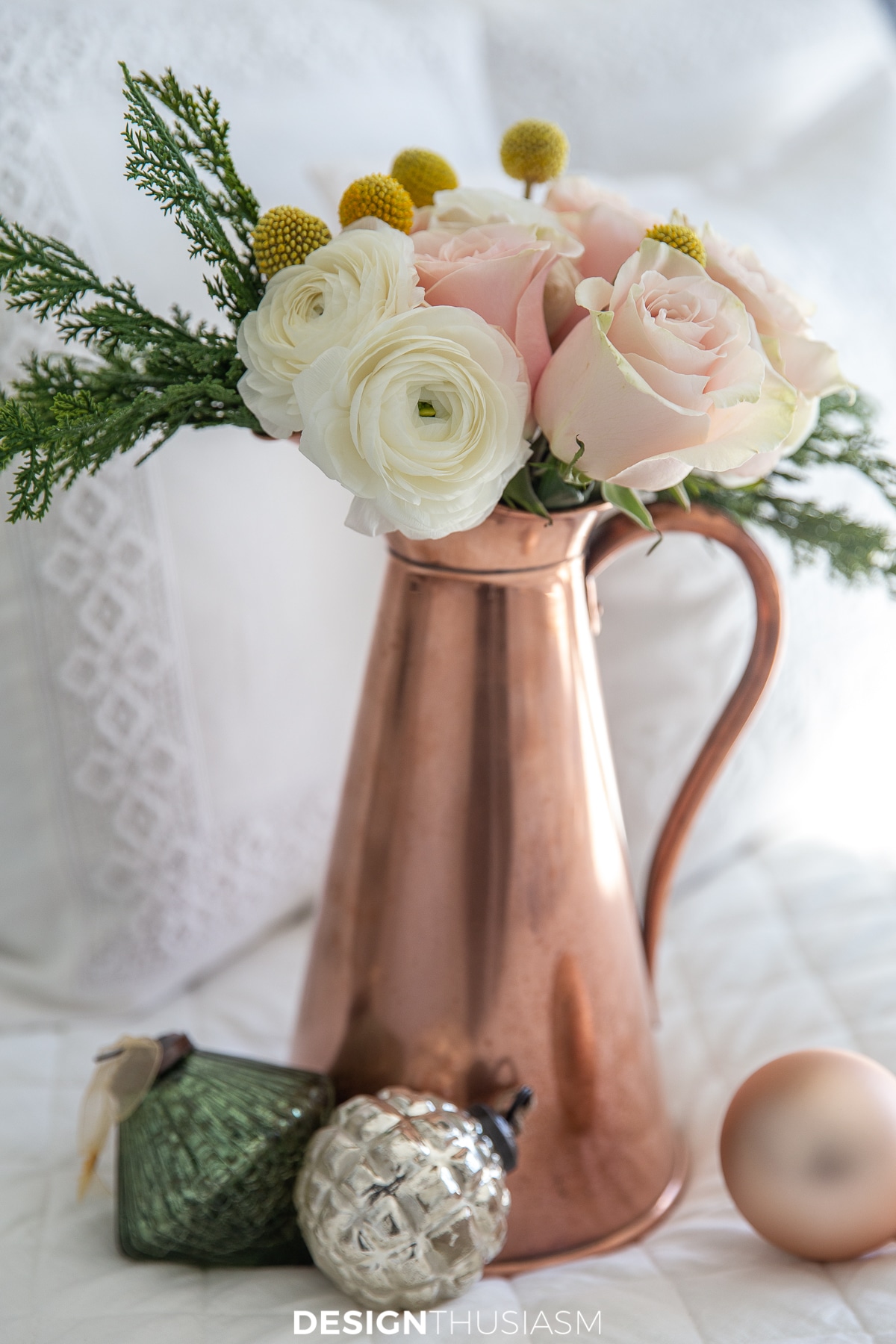 copper pitcher and blush pink flowers