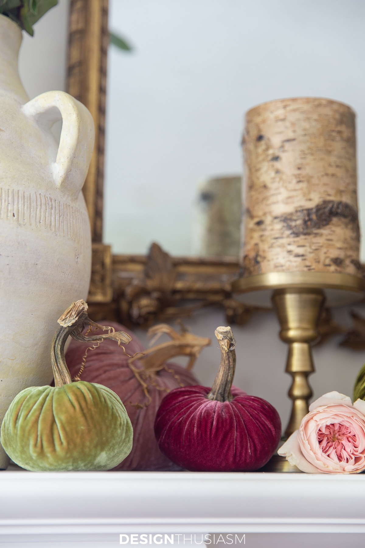velvet pumpkins in an autumn mantel