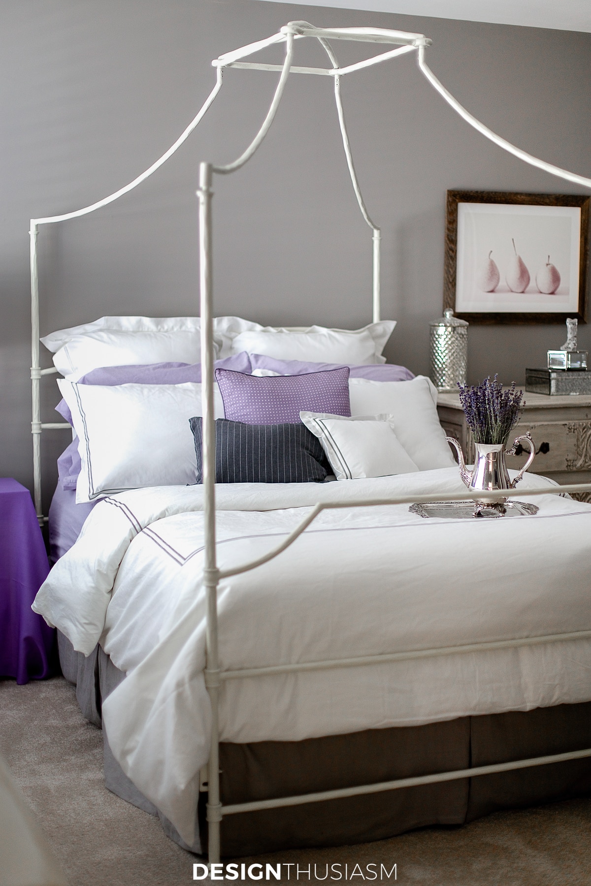 hotel bedding in the lilac and grey bedroom
