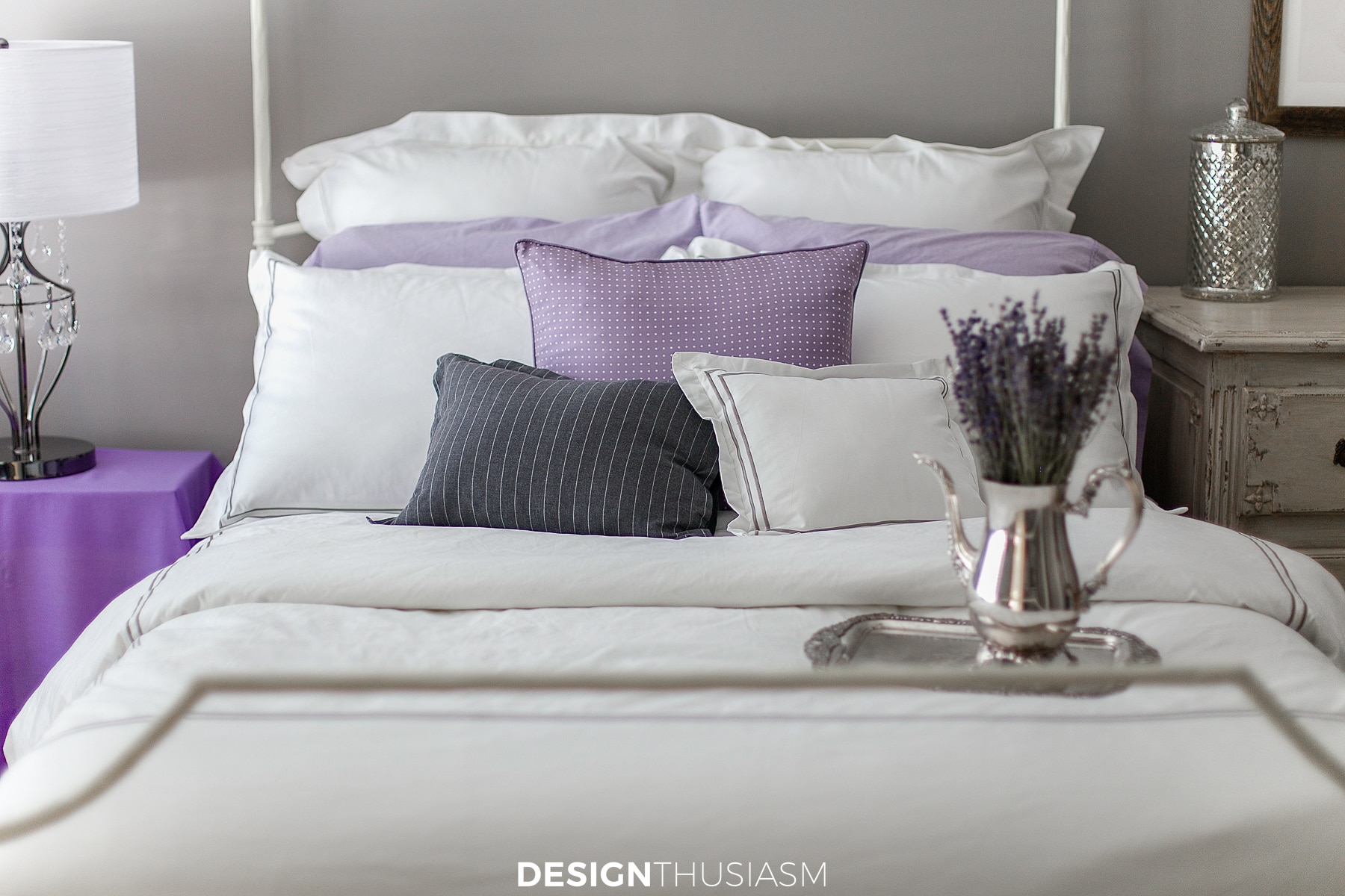 hotel bedding in the lilac and grey bedroom
