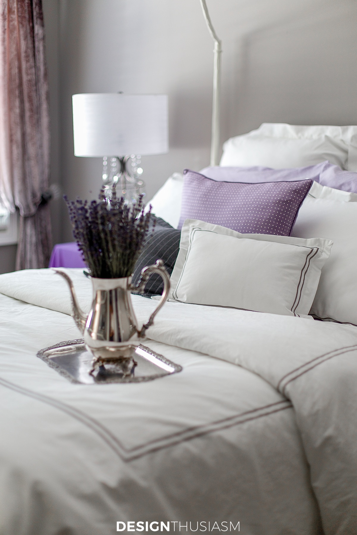 bedding in the lilac and grey bedroom