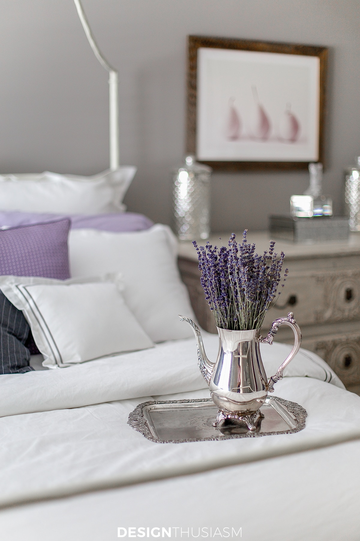 lilac and grey bedroom with lavender sprigs