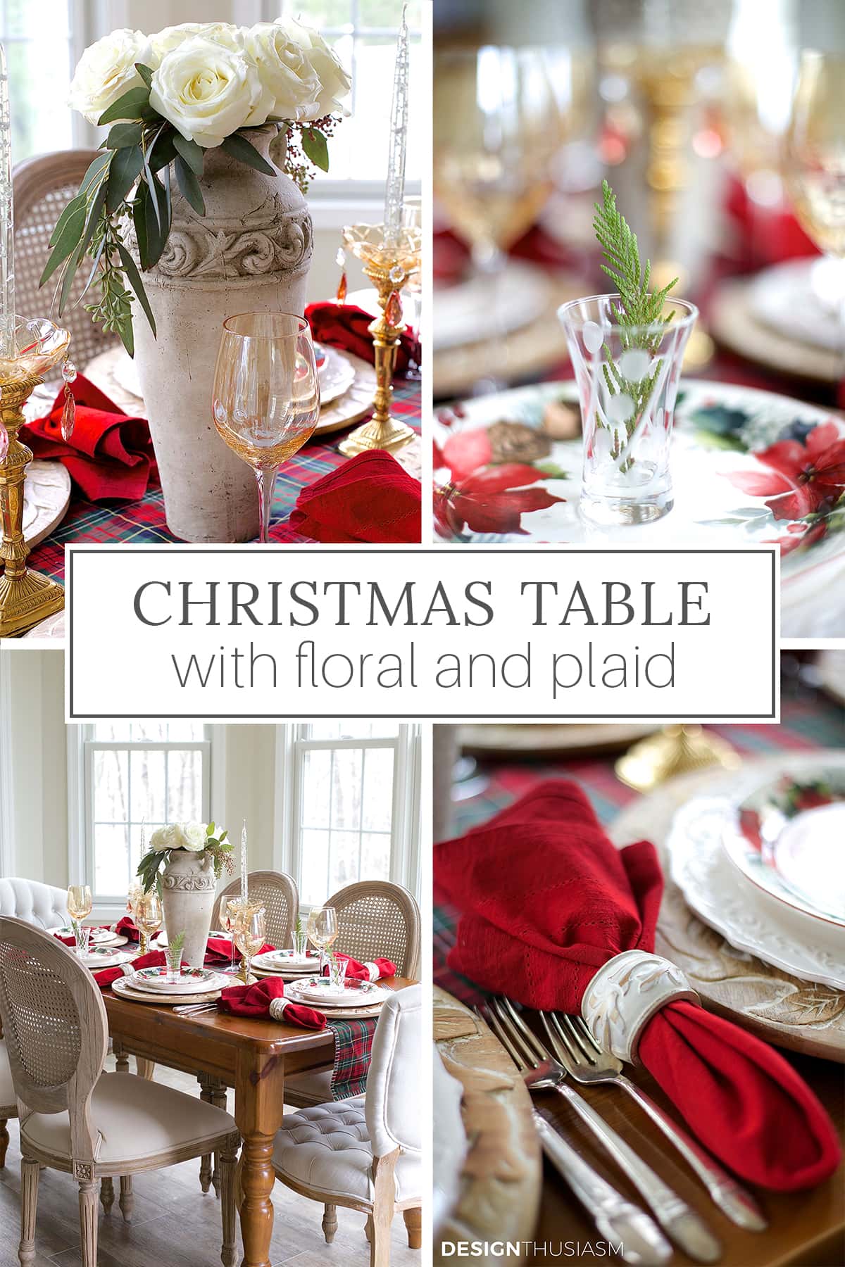 christmas table decorated with floral and plaid
