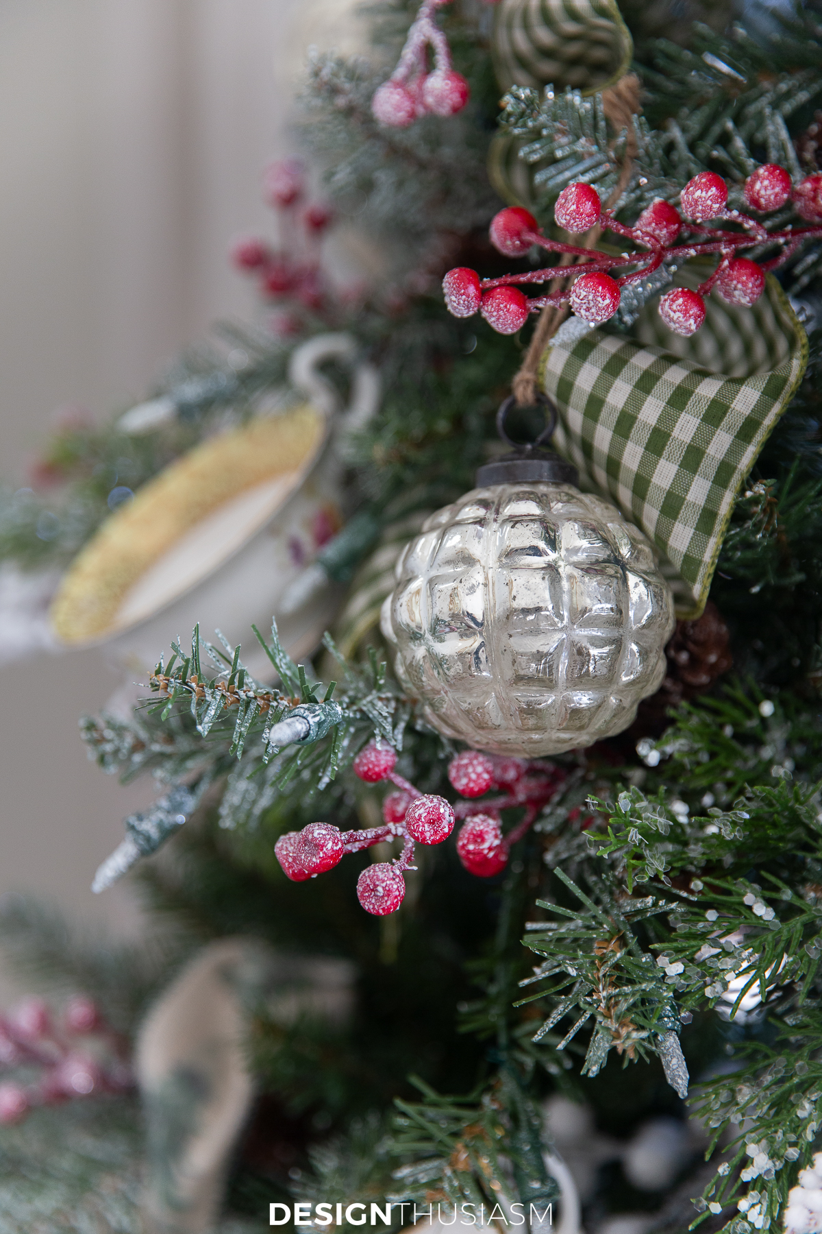mini teacup tree with mercury glass ornaments