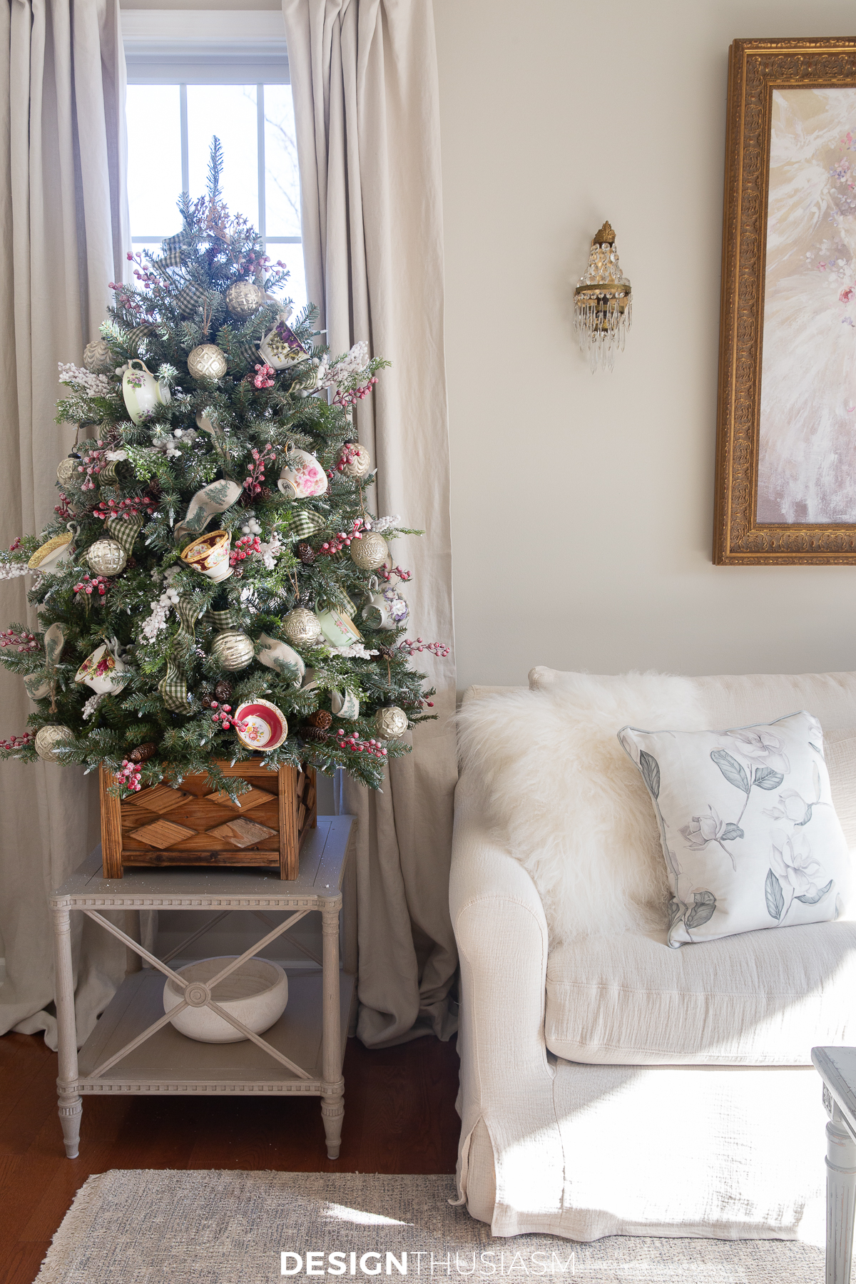 mini teacup tree on an end table in the living room