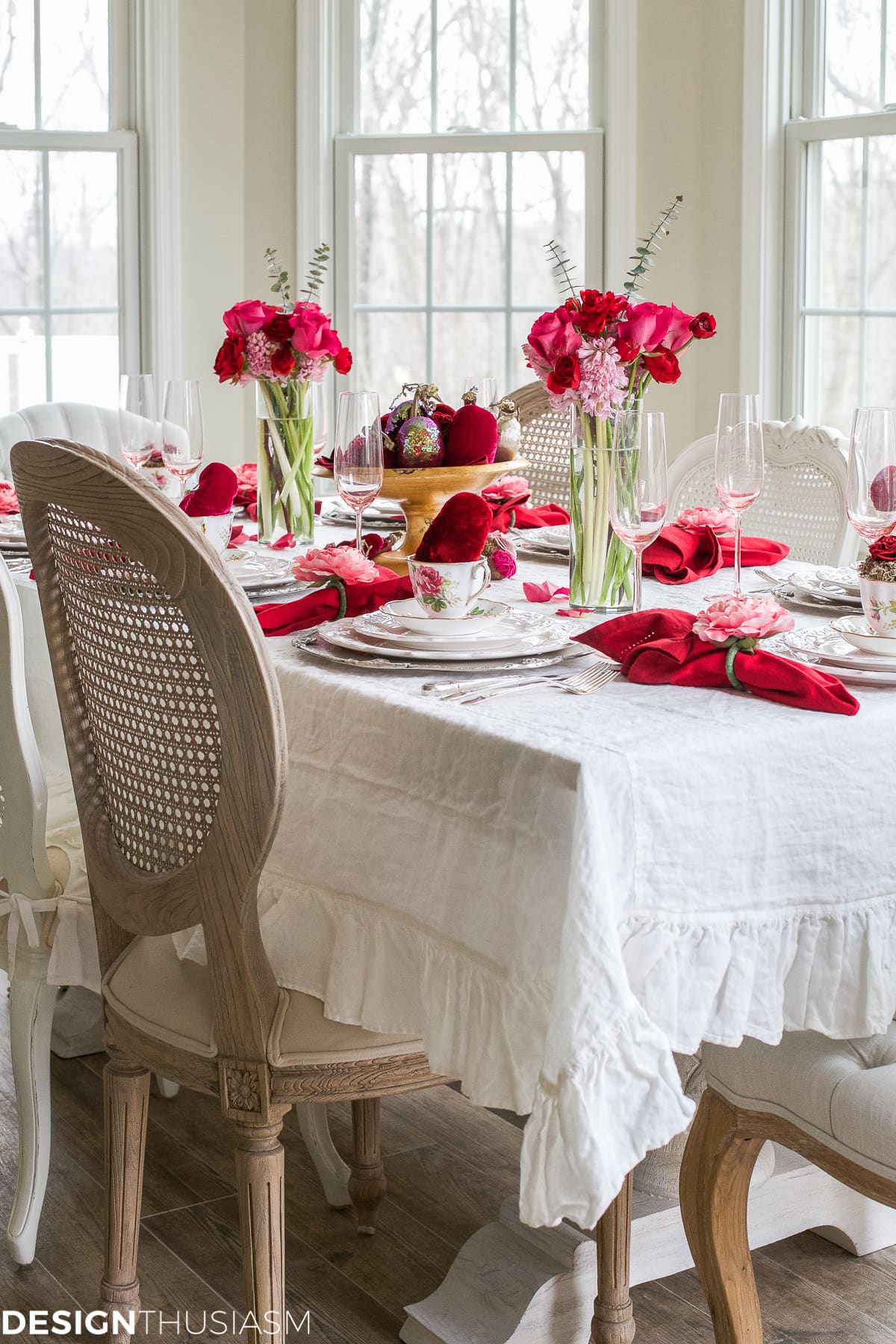ruffled tablecloth on Valentine's Day table