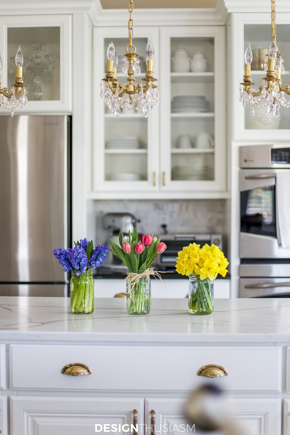 spring flowers on the kitchen island
