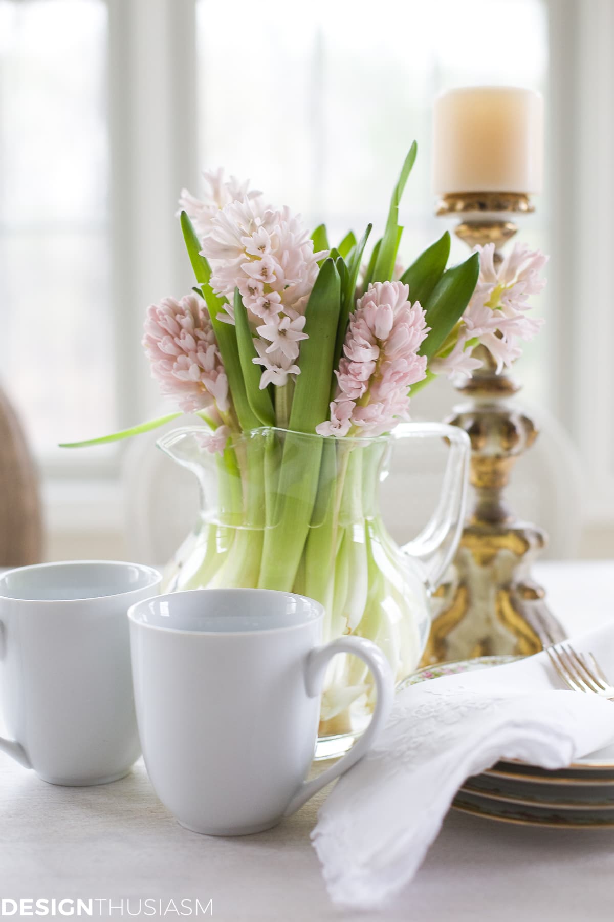French Country breakfast table with pink hyacinths | terilynadamsblog.com