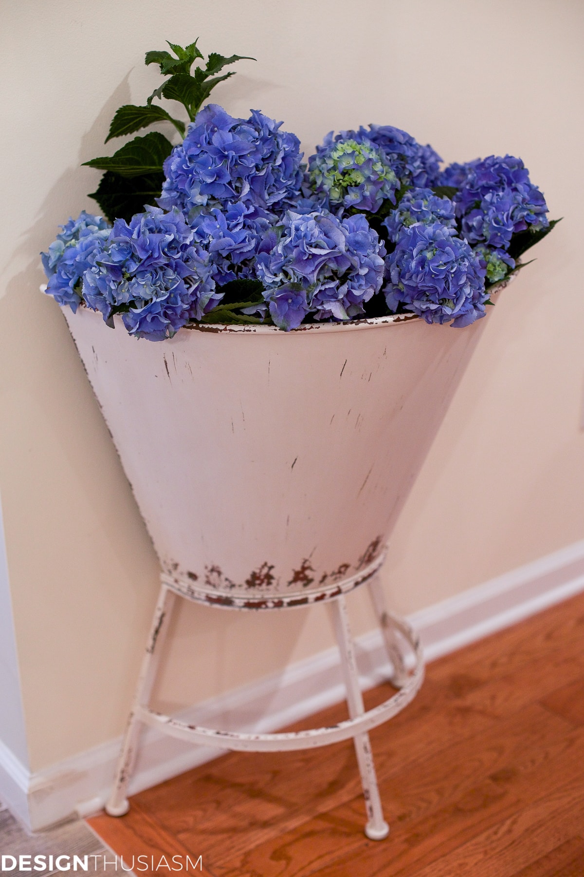 Blue hydrangea in a metal planter - terilynadamsblog.com
