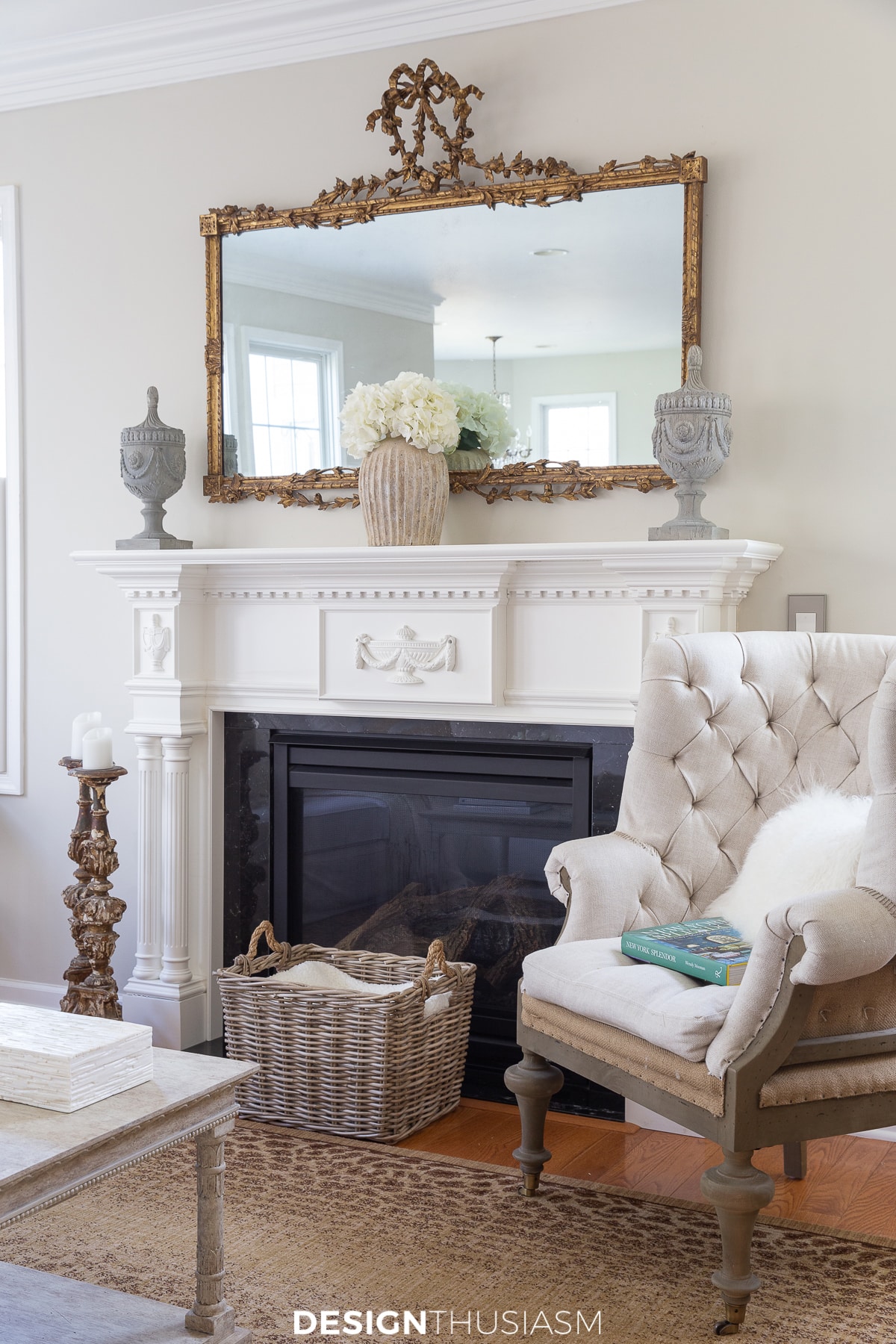 modern french country family room fireplace
