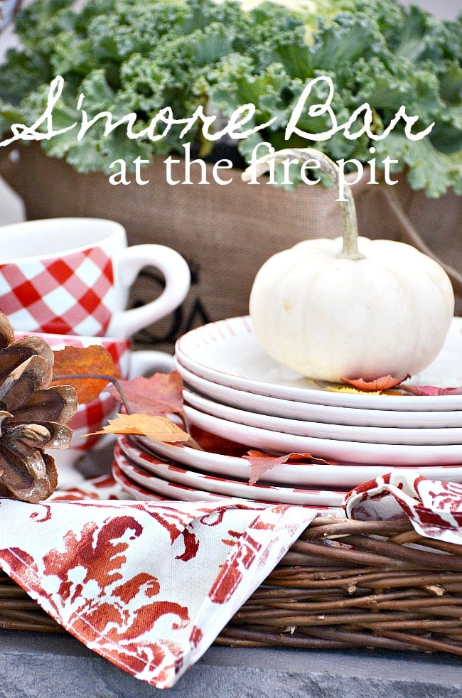 S'more Bar By The Firepit-stone wall-pumpkin on plate-stonegableblog.com