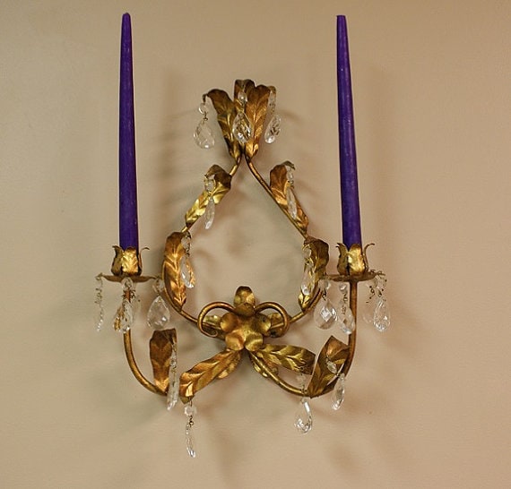 Vintage Brass Wall Sconce with Crystal Drops