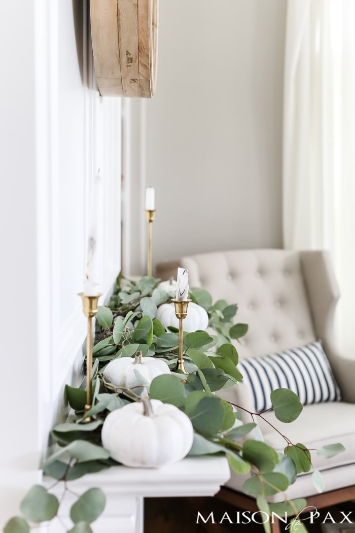 fall decor white pumkins neutral eucalyptus