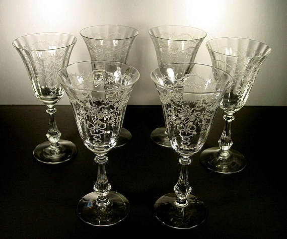 6 Etched Crystal Goblets