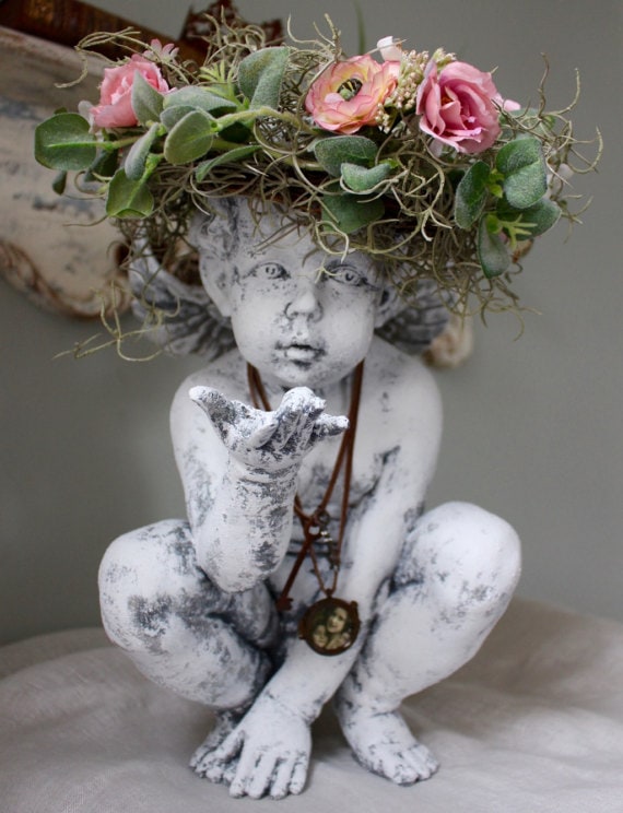 Distressed Cherub Statue with Floral Crown