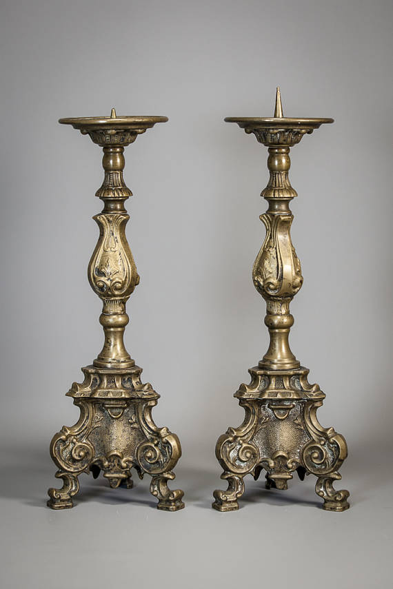  16" Pair French Antique Bronze Candlesticks