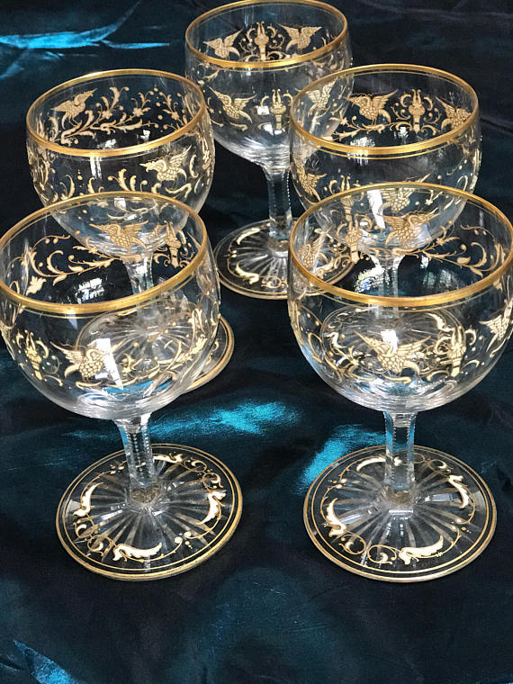 9 Cocktail Glasses with 22Kt Gold Trim