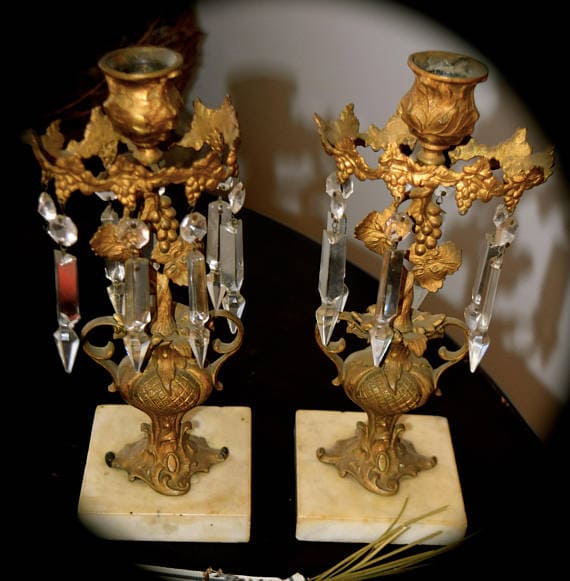 French Antique Candle Sticks with Crystal Prisms