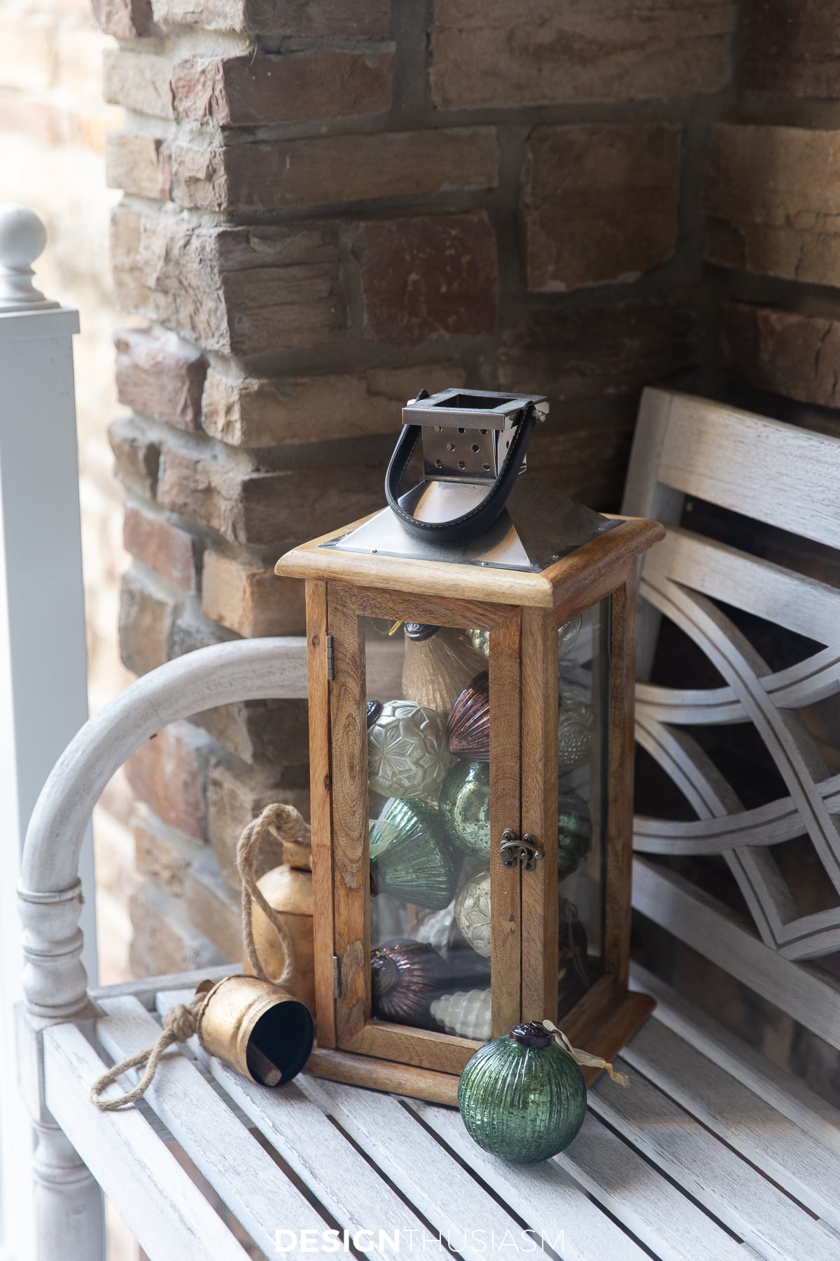 Tiny Christmas porch lantern with ornaments