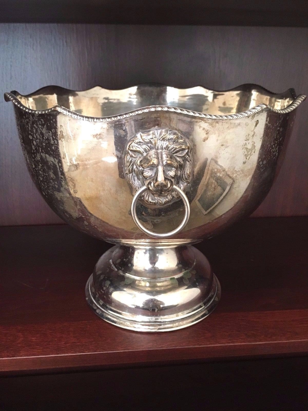 Vintage Punch Bowl - Silver on Copper - Ornate Lion's Head Handles