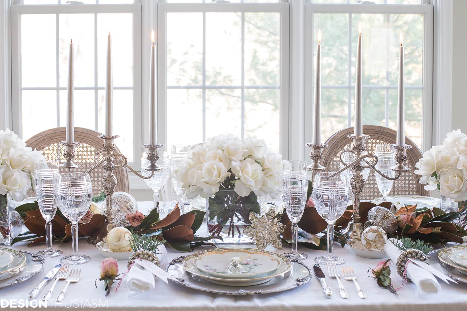 Holiday Table Settings: White Roses and Magnolia Leaves