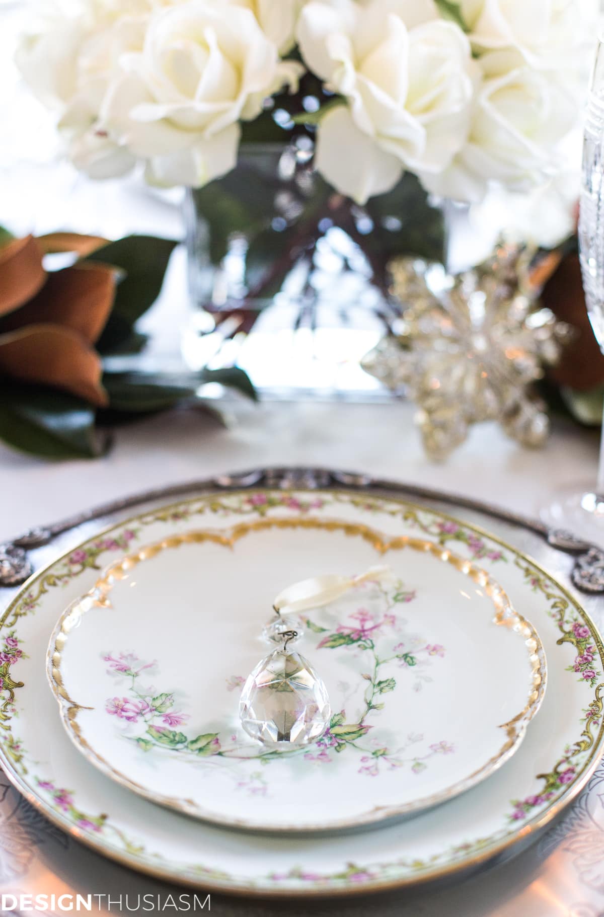 Holiday Table Settings: White Roses and Magnolia Leaves