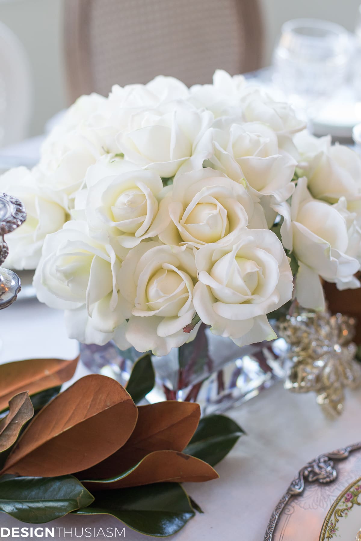 Holiday Table Settings: White Roses and Magnolia Leaves