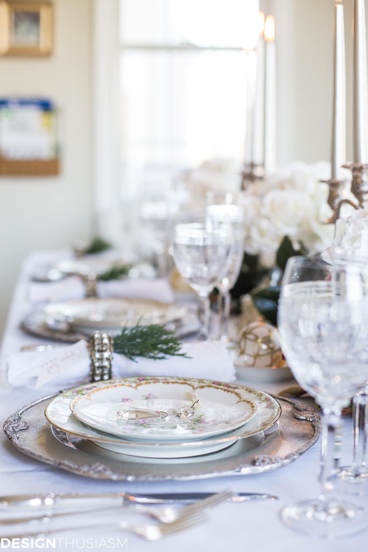 Holiday Table Settings: White Roses and Magnolia Leaves