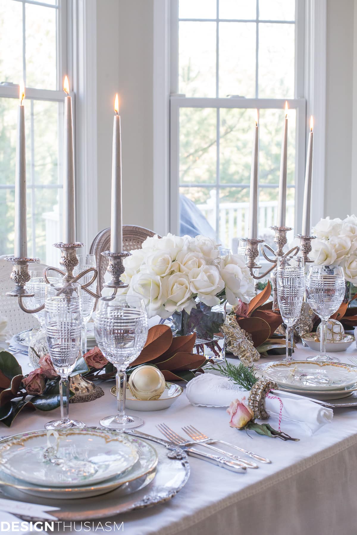 Holiday Table Settings: White Roses and Magnolia Leaves